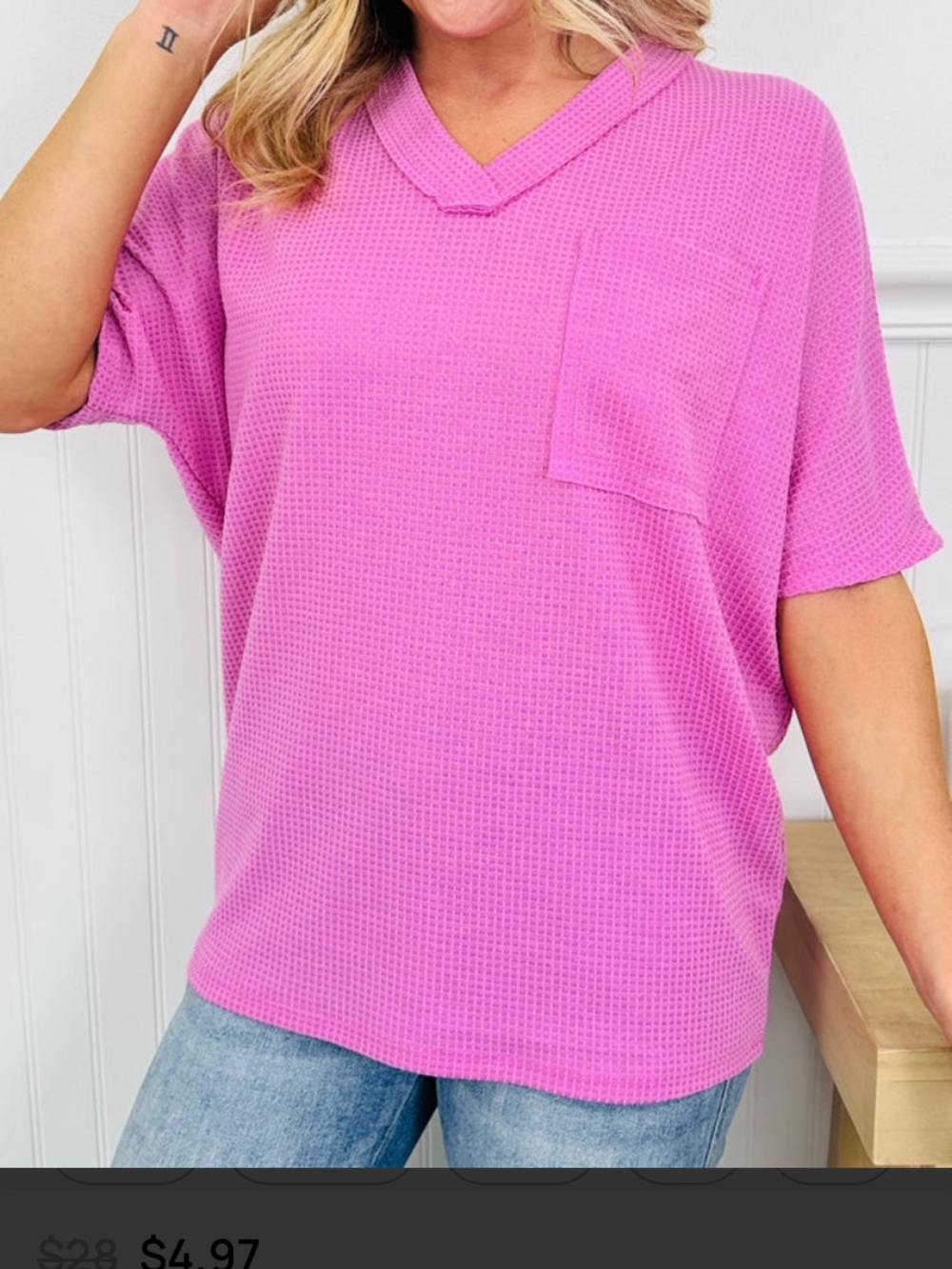 Women's waffle knit dolman v-neck tshirt, medium